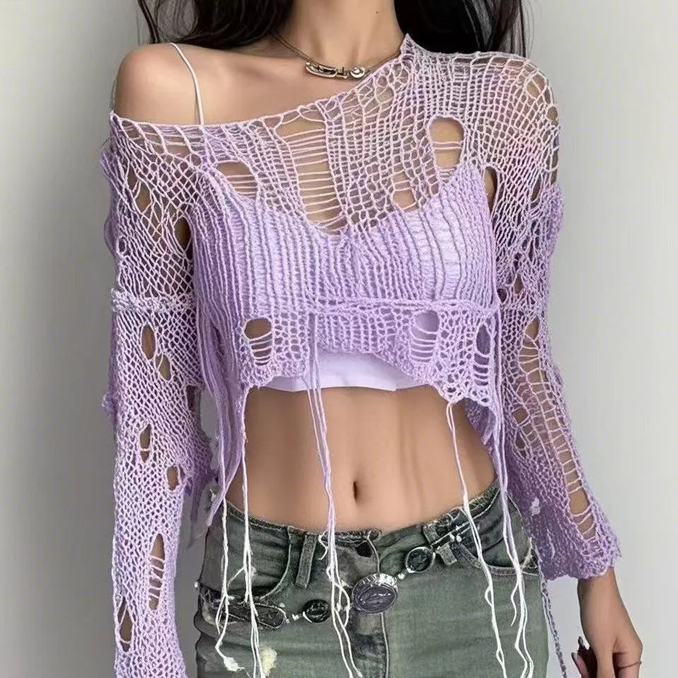 Y2k Cropped Hole Sweater Sexy Gyaru Hollow Out Knit Pullovers Goth Korean Long Sleeve Jumper Summer Fashion Sheer Knitwears Tops - Matrix Studios