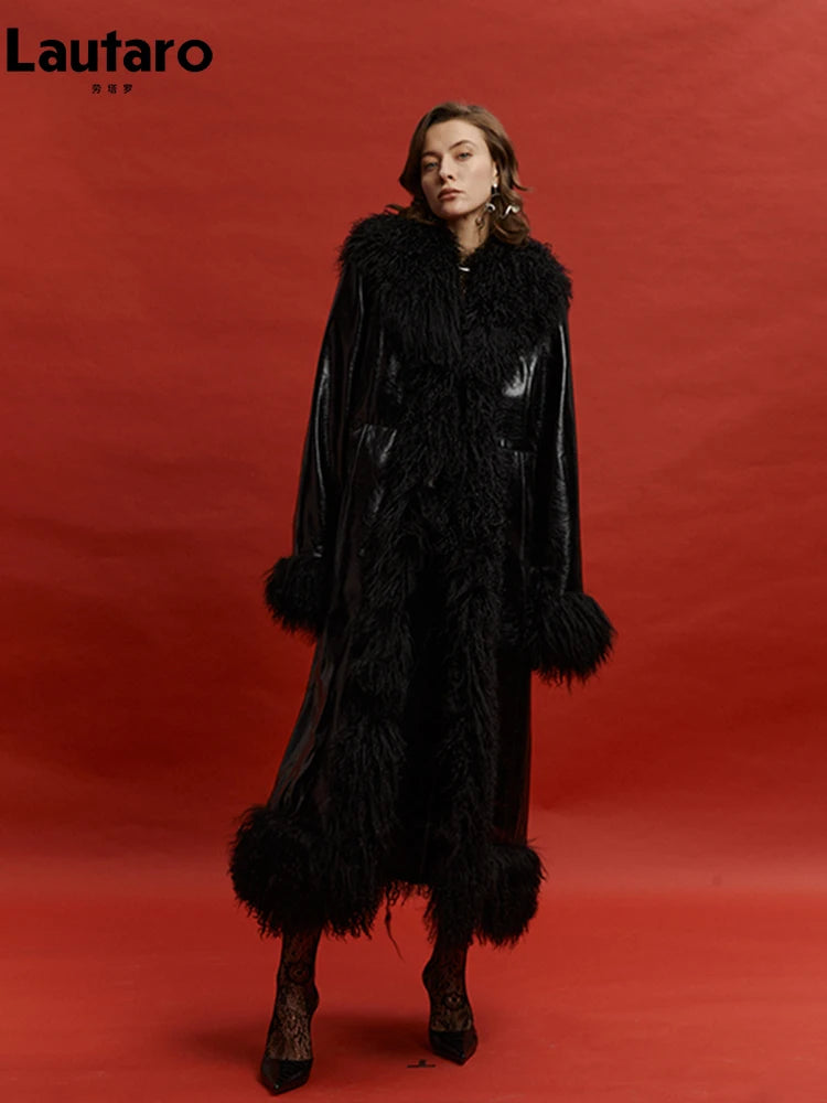 Lautaro Spring Autumn Long Black Shiny Patent Pu Leather Coat Women with Faux Fur Trim Luxury Designer Clothing European Fashion - Matrix Studios