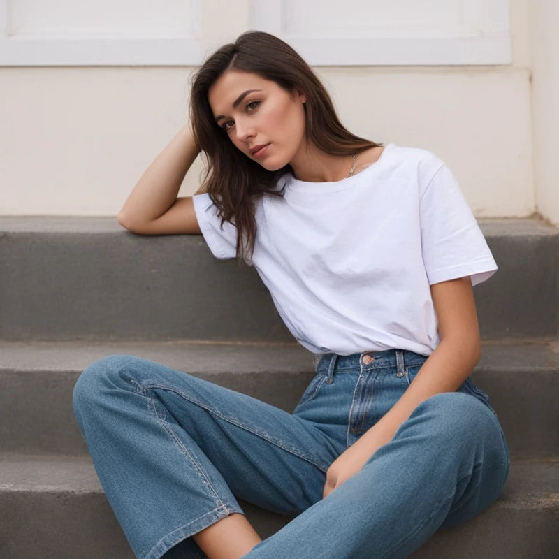 Cotton Short Sleeve Tops 220 Grams Heavy T-shirt Y2k Casual Comfortable Tee Shirt Black & White O-neck Woman Clothing YH2532 - Matrix-studios.com