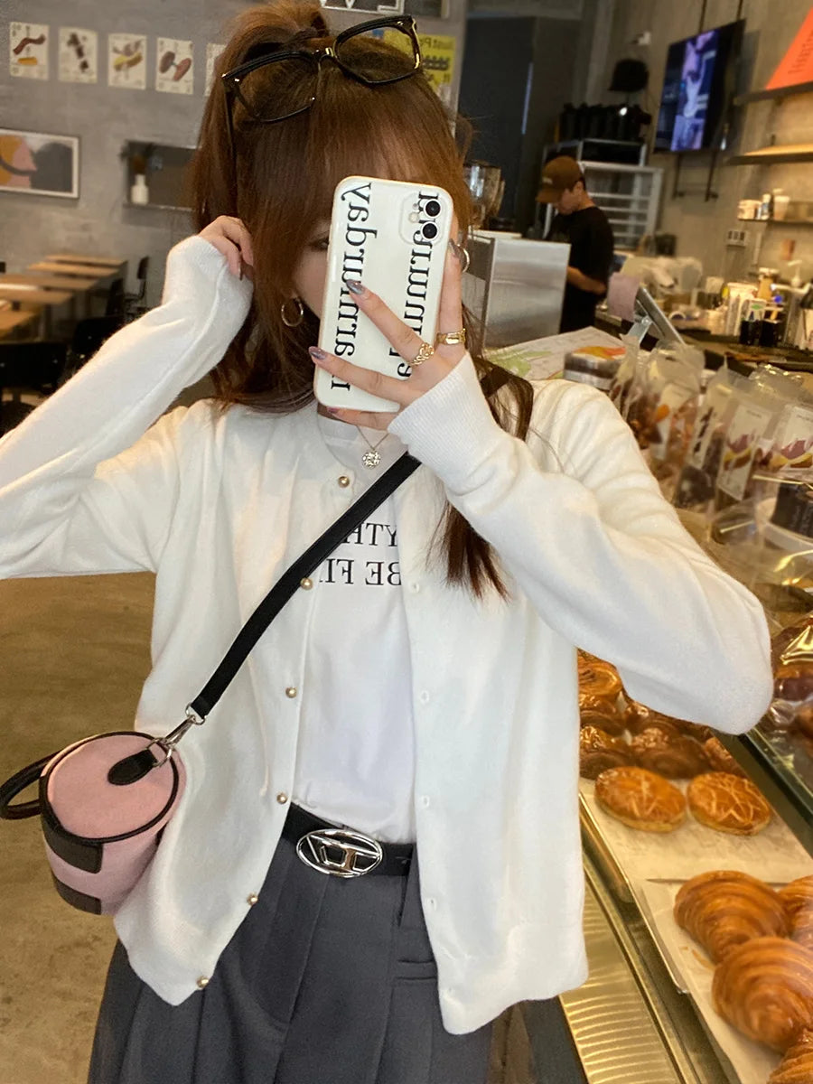 Solid Color Knitted for Women Cardigan Korean Single Breasted Long Sleeve Jumper Woman Round Neck All Match Cardigans Outwear - Matrix Studios