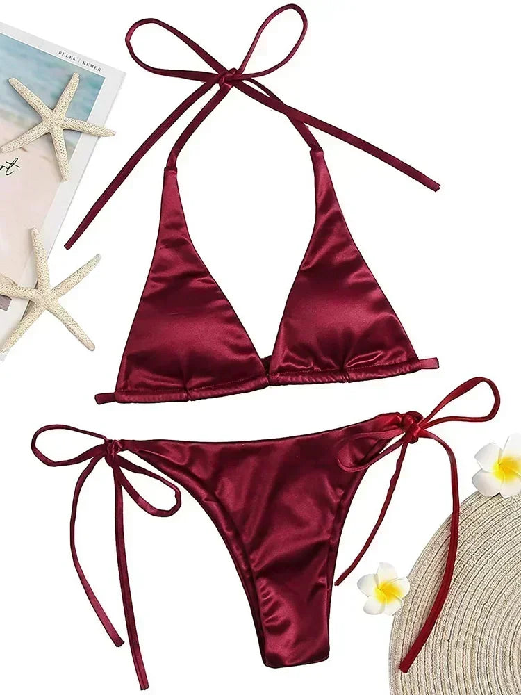 Halter Brazilian Metallic Satin Bikini Women Swimwear Female Swimsuit Two-pieces Bikini Set High Cut Bathing Suit Swim Beachwear - Matrix-studios.com