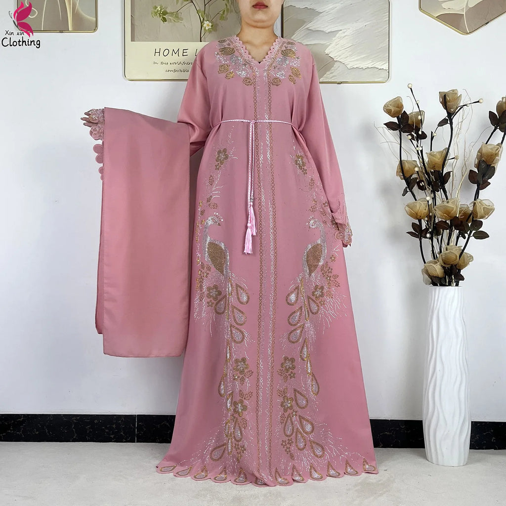 2026New Dubai Muslim Women Modest Dress Diamond Chiffon Elegant Arabic Femme Hijab African Abaya Islamic Long Sleeve Turkey Robe - Matrix-studios.com
