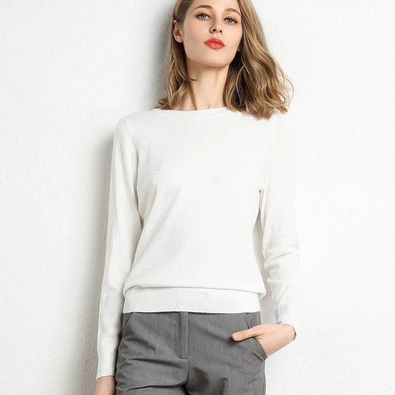 Women Slim O-Neck Pullover Cashmere Wool Blending Sweater Autumn And Winter Long-Sleeved Knit Bottoming Shirt Large Size 2024 - Matrix Studios
