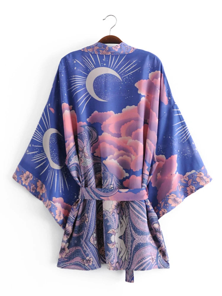 Boho Vintage Star and Moon Floral Print Sashes Women Bohemian V Neck Batwing Sleeves Happie Short Robe Kimono Dress Cover-ups - Matrix Studios