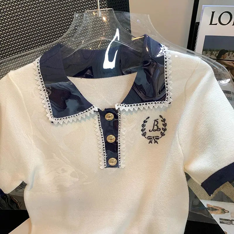 Korean Fashion T-shirt Women's Clothes 2024 Summer Polo Collar Luxury Designer Loose Short Sleeve Cotton T-shirt Women's Top - Matrix-studios.com