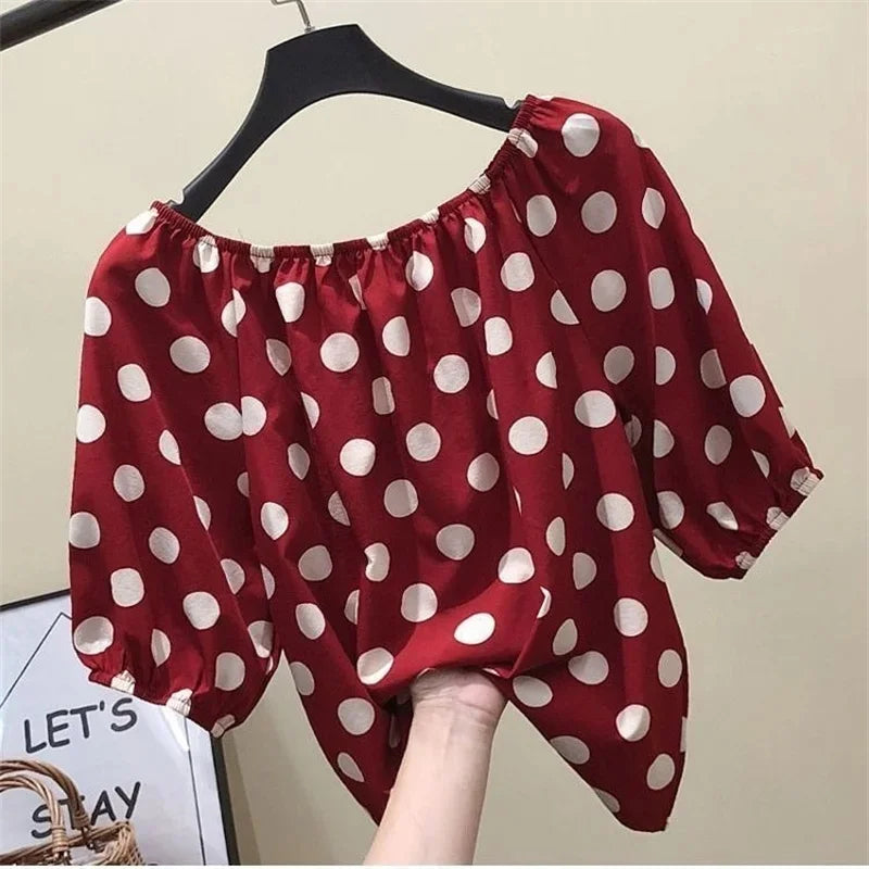 Women Spring Summer Style Loose Blouses Shirts Lady Casual Slash Neck Polka Dot Printed Blusas Tops - Matrix-studios.com
