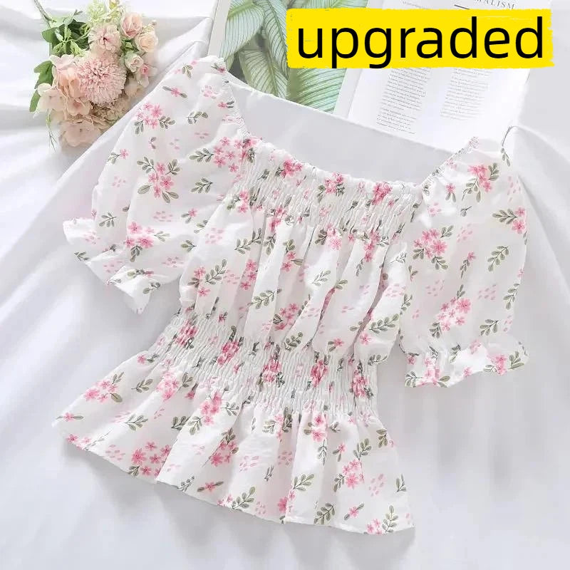 Sweet Broken Flower Slash Neck Women Blouse Agaric Edge Pleat Design Slim Elastic Waist Cropped Top Cute Chiffon T-shirt Summer - Matrix-studios.com
