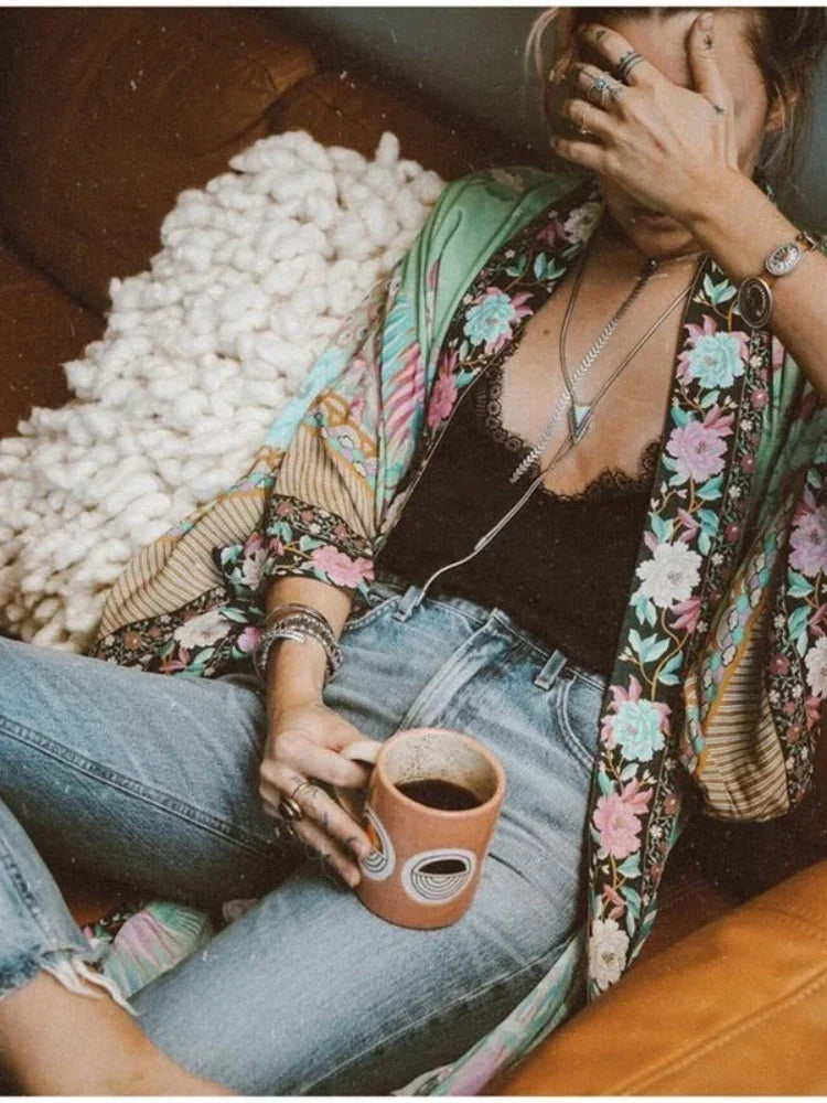 Peacock Floral Print Bat Sleeve Beach Bohemian Kimono Robe for Women Ladies Beachwear Summer Dress Bikini Boho Cover-ups - Matrix Studios