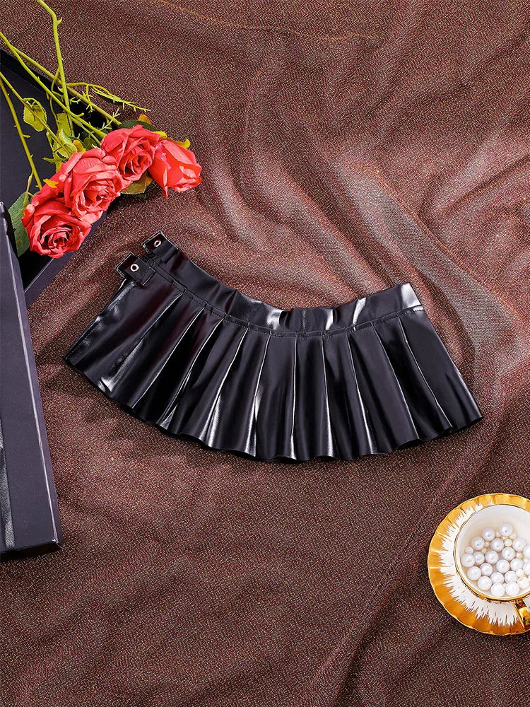 Sexy PU Leather Pleated Skirt Women Solid Basic Mini Skirt Low Waist Skirt Female Nightwear Micro Bikini Skirts Nightclub Skirts - Matrix-studios.com