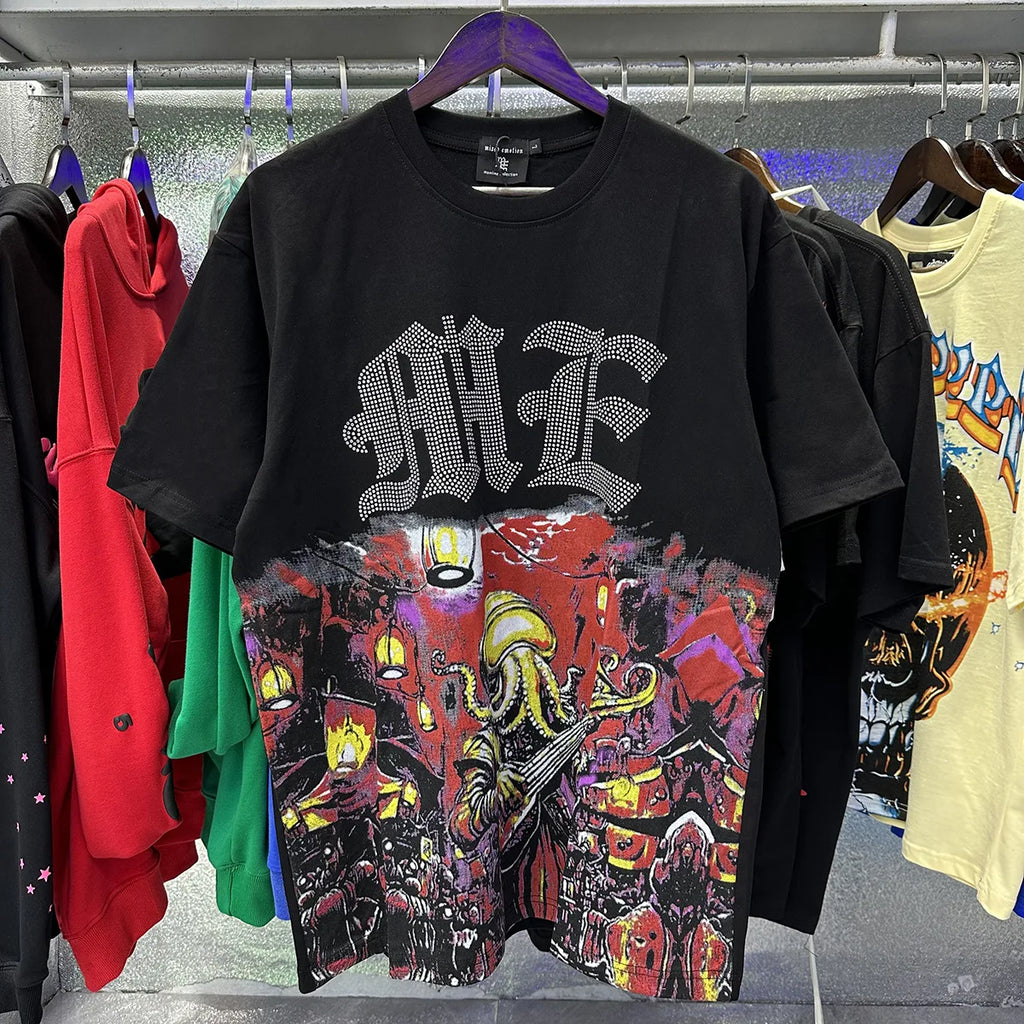 MIXED EMOTION Shirt Rhinestone Short Sleeve Men Women T-shirt Streetwear 100% Cotton Loose Round Neck Top Tees Oversized Tee Top - Matrix Studios