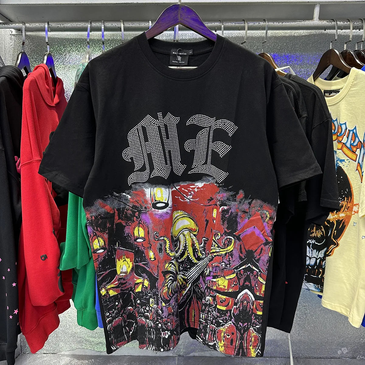 MIXED EMOTION Shirt Rhinestone Short Sleeve Men Women T-shirt Streetwear 100% Cotton Loose Round Neck Top Tees Oversized Tee Top - Matrix Studios