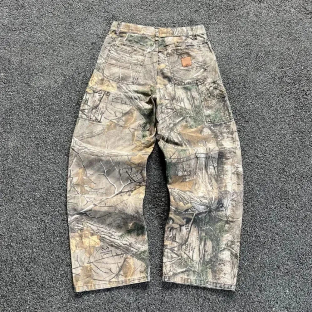 Men's Branch Camouflage Jeans American Style Old Washed Wide Leg Retro Loose Fashion Trend Street Straight Jeans Camo Pants Y2K - Matrix Studios