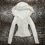 Y2K Harajuku Gothic Women's Hoodie Sexy Slim Chic Suede Fur Collar Letter Print Cardigan Sweatshirt Aesthetic Female Streetwear - Matrix Studios