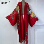 WINYI Summer Bohemian Kimono Beach Cover-Up Swim Suit Elegant African Women Boho Cardigan Sexy Holiday Long Sleeve Beach Dress - Matrix Studios