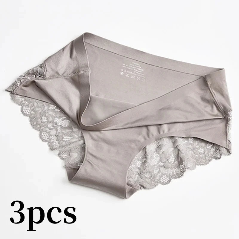 3pcs Lace Women's Panties French Seamless Underwear Female Ice Silk Briefs Solid Color Breathable Underpants Lingerie - Matrix Studios