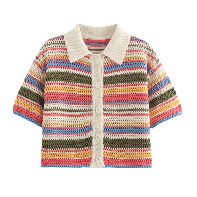 Women Patchwork Striped Hollow Out Crochet Knitted Crop Sweater Shorts Set Short Sleeve Polo Collar Sweater Knit Shorts Suit Y2K - Matrix-studios.com