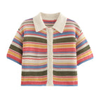Women Patchwork Striped Hollow Out Crochet Knitted Crop Sweater Shorts Set Short Sleeve Polo Collar Sweater Knit Shorts Suit Y2K - Matrix-studios.com