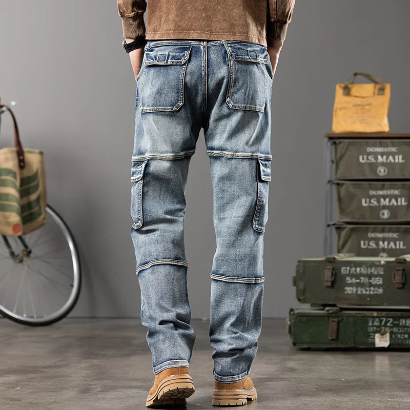 Autumn and winter new styles Men's Outdoor Wide Leg Workwear Multi-Pocket Jeans Straight fit plus size men's jeans  42 44 - Matrix Studios