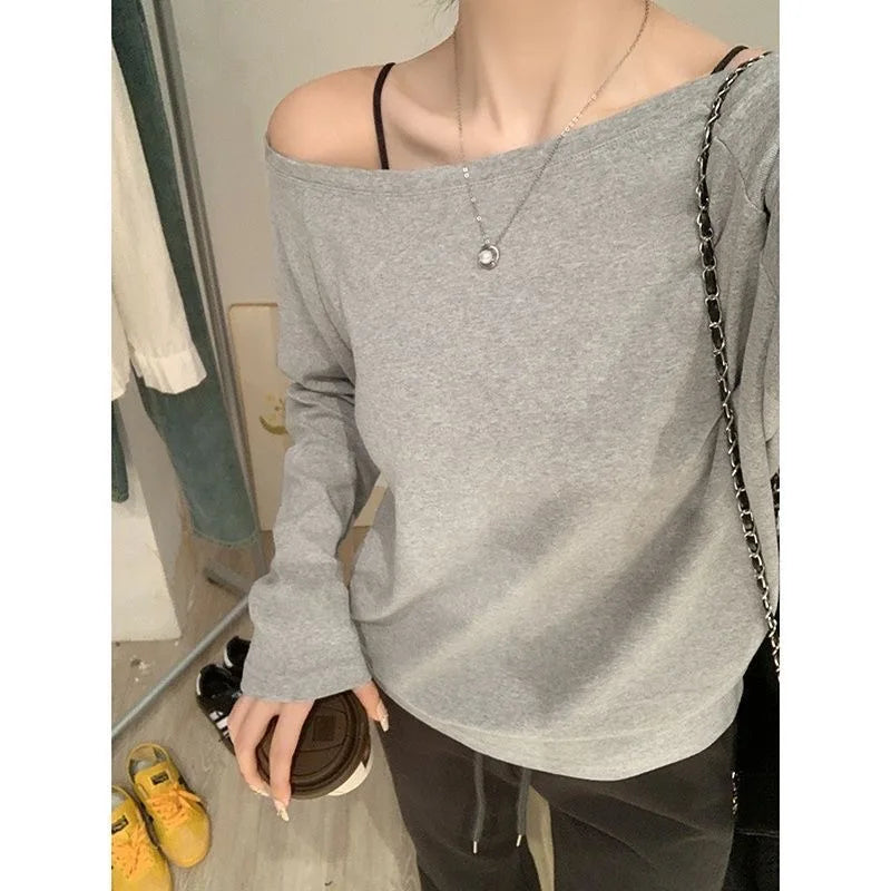 Autumn Winter One Shoulder Cotton Long Sleeve Slant Shoulder Women's Clothing Style Interior Wide Truffle Shoulder Base Shirt - Matrix-studios.com