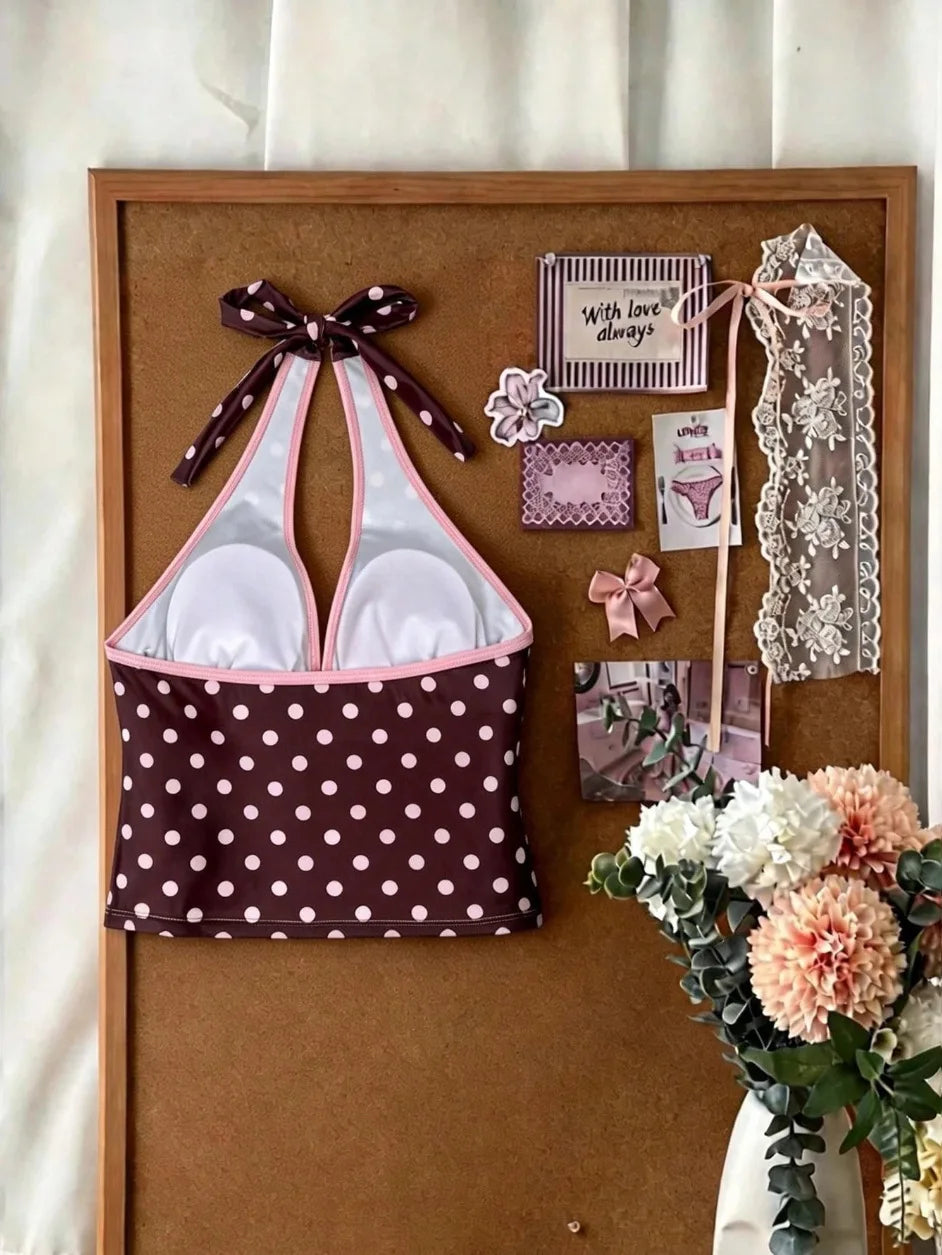 Kawaii Pink Dot Bikini Shorts Bowknot Halter Backless Swimsuit Deep V Swimwear Women's Bikinis and Tankinis Vacation Outfit Sets - Matrix-studios.com