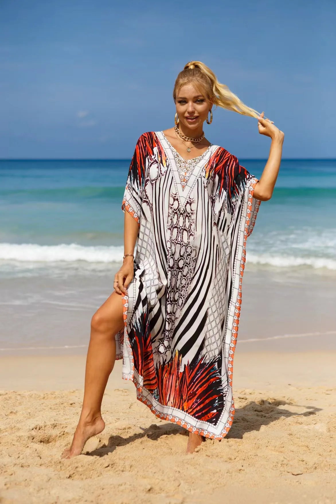 Kaftan Dresses Tropical Printed Cover Ups for Swimwear Women Elegant Maxi Robe Holiday Bathing Suits Dropshipping Hot Sales - Matrix Studios