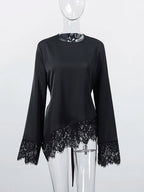 Elegant Patchwork Lace Women's Blouses Slim Lace Up O-neck Irregular Hem Female Top 2026 Spring Summer Lady All-matching Tops - Matrix-studios.com