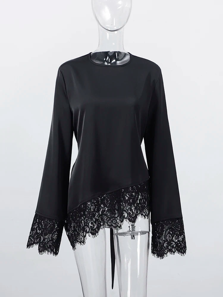 Elegant Patchwork Lace Women's Blouses Slim Lace Up O-neck Irregular Hem Female Top 2026 Spring Summer Lady All-matching Tops - Matrix-studios.com