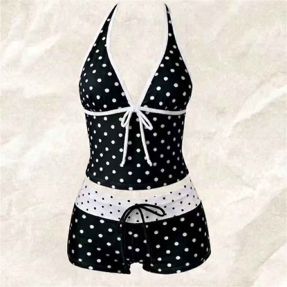 Kawaii Pink Dot Bikini Shorts Bowknot Halter Backless Swimsuit Deep V Swimwear Women's Bikinis and Tankinis Vacation Outfit Sets - Matrix-studios.com