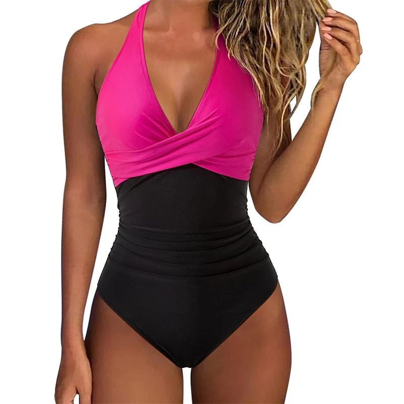Leopard Print Wrinkled Halter V Neck One Piece Swimsuit Women Swimwear Monokini Backless Bathing Suit Swim Beachwear Bodysuit - Matrix Studios