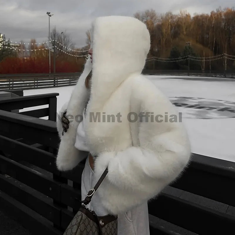 Neo Mint Winter 2025 Pure White Mountain Fashion Hooded Cropped Faux Fur Coat Women Fluffy Eco Fox Fur Jacket Girls Hot Overcoat - Matrix Studios