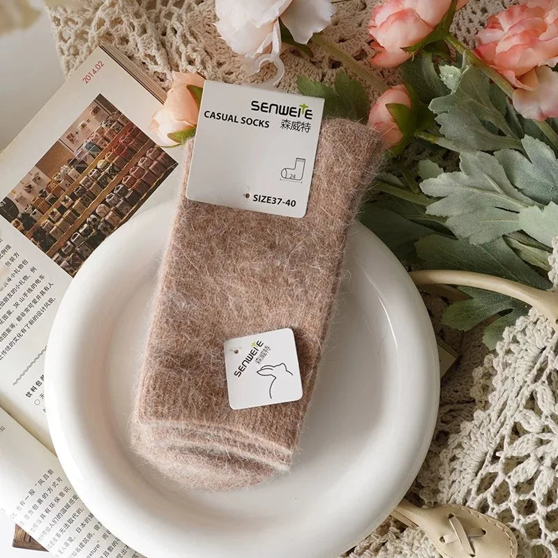 Wool Socks for Women Autumn Winter Medium Tube Socks Thickened with Wool Warm Rabbit Hair Socks Winter Black Cashmere Stockings - Matrix Studios