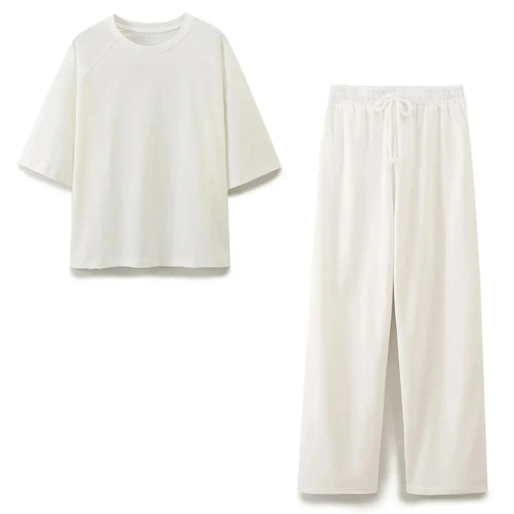 DUOPERI Women Fashion 2 Pieces Sets Solid Loose T-Shirt and High Elastic Waist Trousers Female Chic Lady Casual Pant Coordinates - Matrix-studios.com