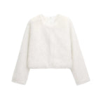 Women's Thick Warm Faux Fur Cropped Jacket, O Neck, Long Sleeve, Female Outerwear, Chic Tops, Fashion - Matrix Studios