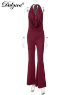 Dulzura Summer Solid Sexy Halter Swinging Collar Backless Slim Lace Up Flared Jumpsuit Women'S Fashion Elegant Party Club Romper - Matrix Studios