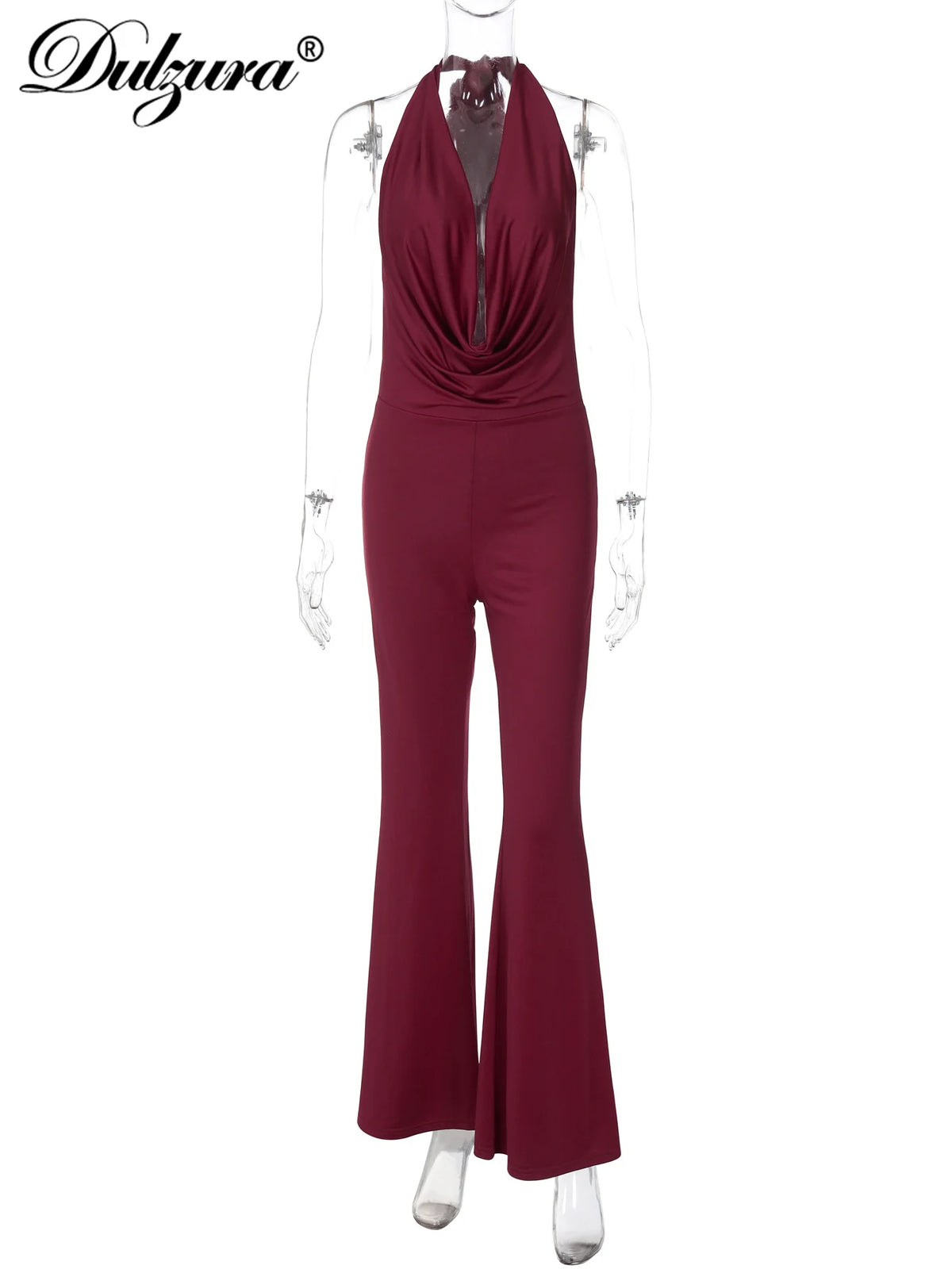 Dulzura Summer Solid Sexy Halter Swinging Collar Backless Slim Lace Up Flared Jumpsuit Women'S Fashion Elegant Party Club Romper - Matrix Studios