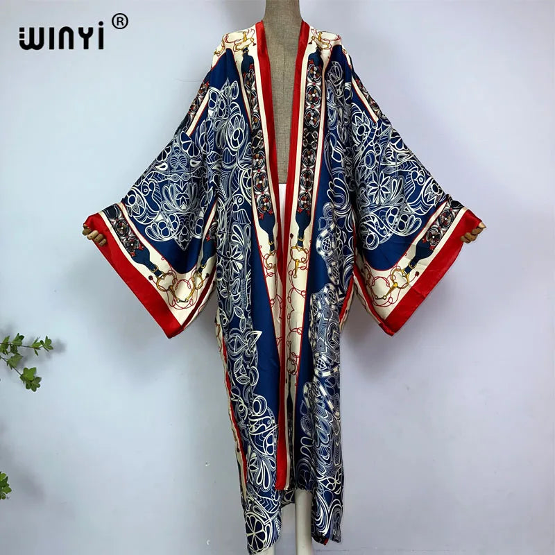 WINYI Kimono Africa Summer Boho Print Bikini Cover-up Elegant Fashion Cardigan Sexy Holiday Long Sleeve Silk Feeling Maxi Dress - Matrix Studios