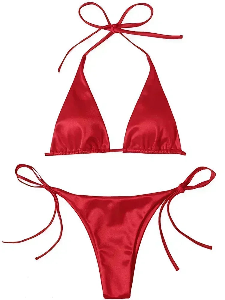Halter Brazilian Metallic Satin Bikini Women Swimwear Female Swimsuit Two-pieces Bikini Set High Cut Bathing Suit Swim Beachwear - Matrix-studios.com