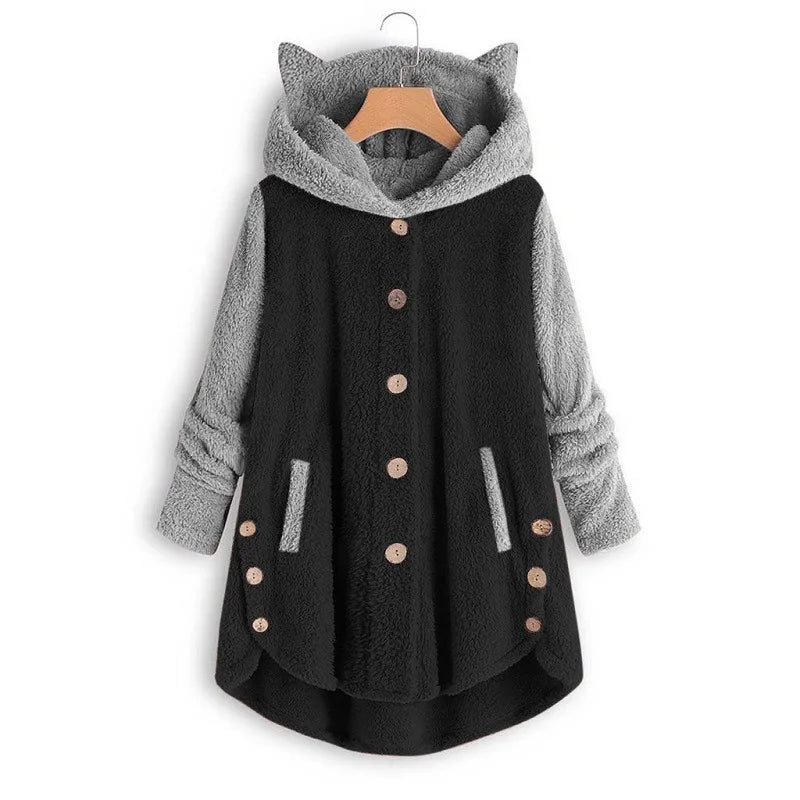 Cat Print Long Hoodies Sweatshirt Women Fleece Warm Button Pocket Pullovers Cat Ear Plus Size Hoodie Top Blouse Sweat Femme - Matrix Studios