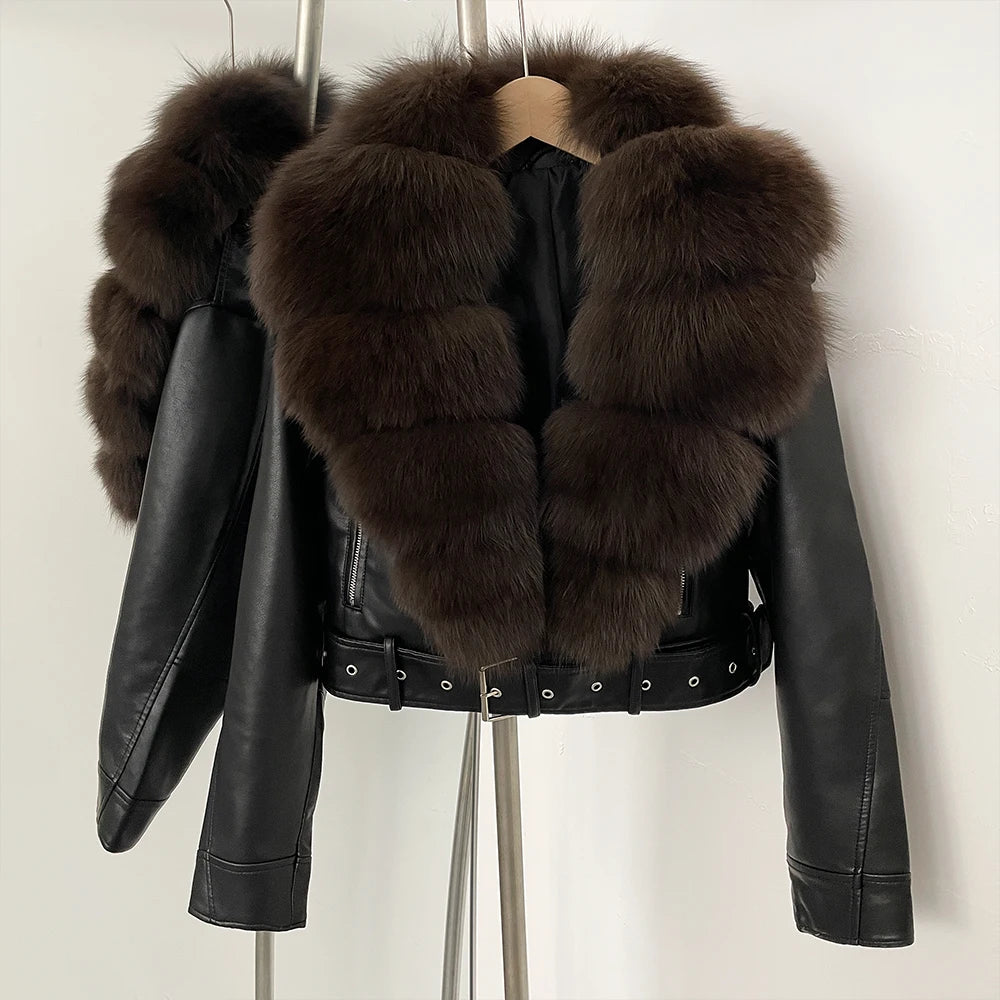 OFTBUY Natural Fox Fur Faux Leather Jacket Female New Autumn Short Top Clothing Women Long Sleeve Fake Leather Real Fur Coat - Matrix Studios