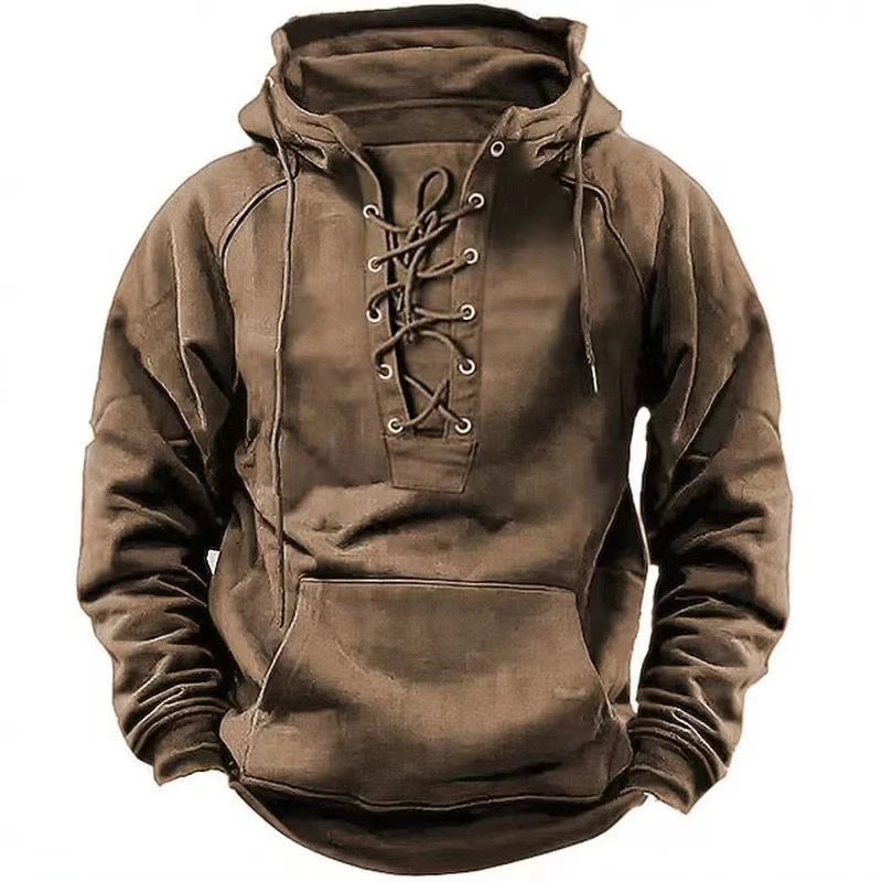Autumn Fashion Mens Hooded Sweatshirts Lace-up Drawstring Long Sleeve Loose Hoodies Men Streetwear Vintage Solid Color Hoodies - Matrix Studios