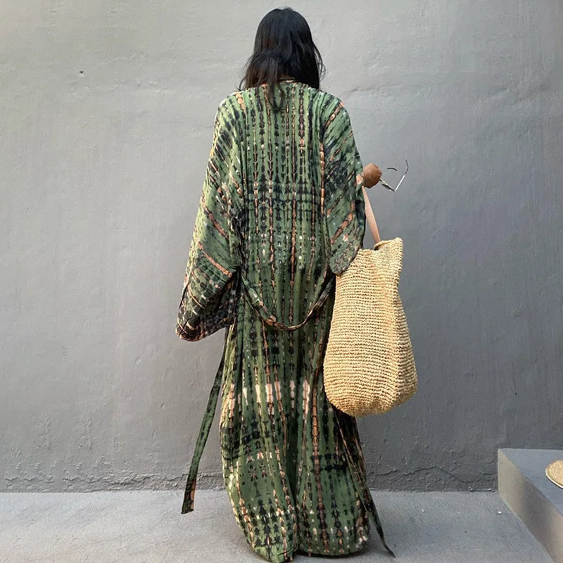 Beach Cover Ups Women Tie Dye Printed Kimono Cardigan Self Belted Wrap Dresses Summer Holiday Bathing Suits - Matrix Studios