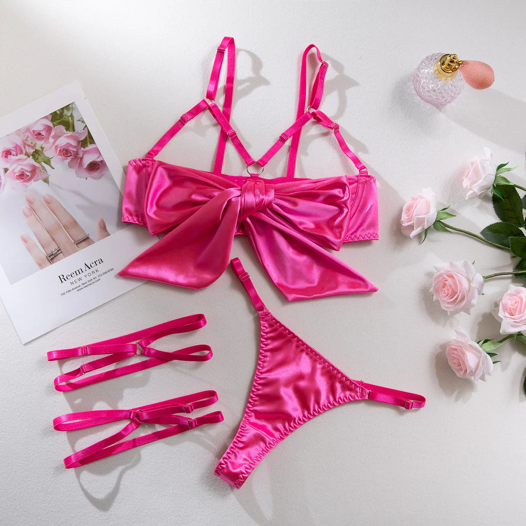 Sexy Solid Stain Lingerie Set Women's Hollow Out Bow Lace Up Exotic Apparel Suit Pure Desire Style Uniform Underwear Bra & Brief - Matrix-studios.com