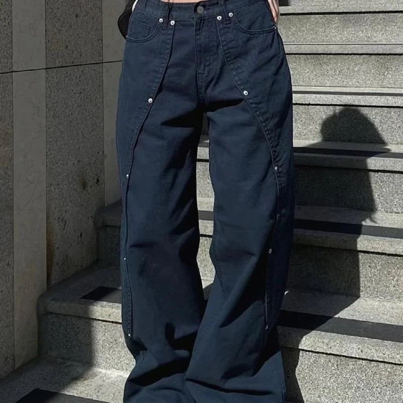 Jeans for Woman Y2k Clothes Relaxed Loose Fit Wide Leg Trousers Vintage American Retro Style with Rivet Patchwork Split Design - Matrix-studios.com