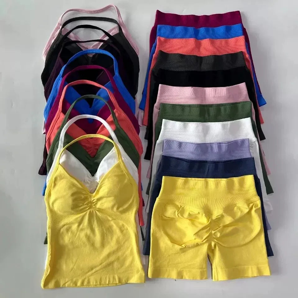 Sexy Halter Neck Beautiful Back High Waist Peach Sports Bras Shorts Suit Pilates Gathering Yoga Vest Training Fitness Bra Sets - Matrix-studios.com