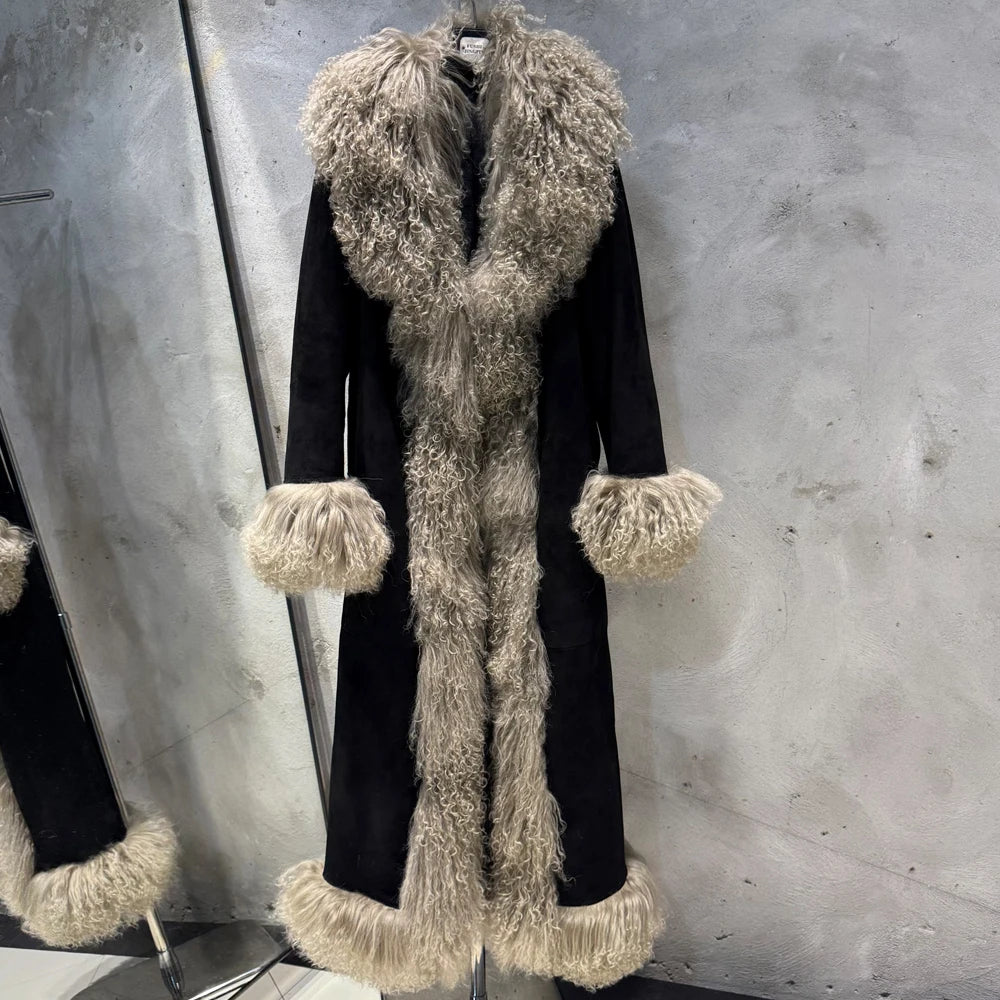 Suede Coat Fur Collar Women Autumn Genuine Sheepskin Coat Long with Mongfolian Fur Trim - Matrix Studios