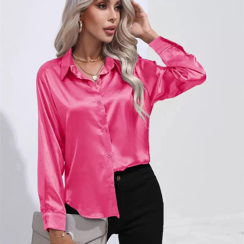 Autumn Casual Women's Blouses Elegant Satin Multicolor Basic Slim Shirt Solid Vintage Trend Ball Dance Party Shirt All-Match Top - Matrix-studios.com