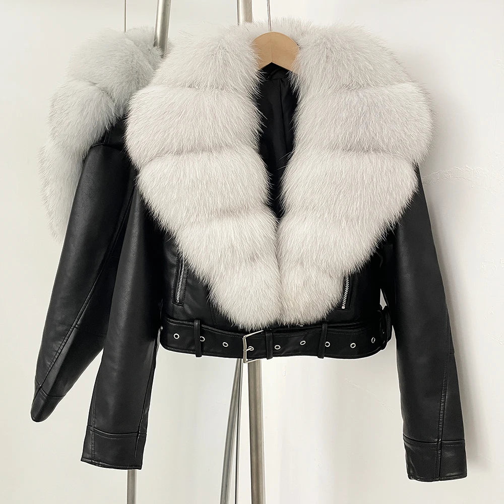 Fake Leather Coat New Natural Fox Fur Autumn Short Faux Leather Jacket Female Spring PU Women Long Sleeve Real Fur Coat Thin - Matrix Studios