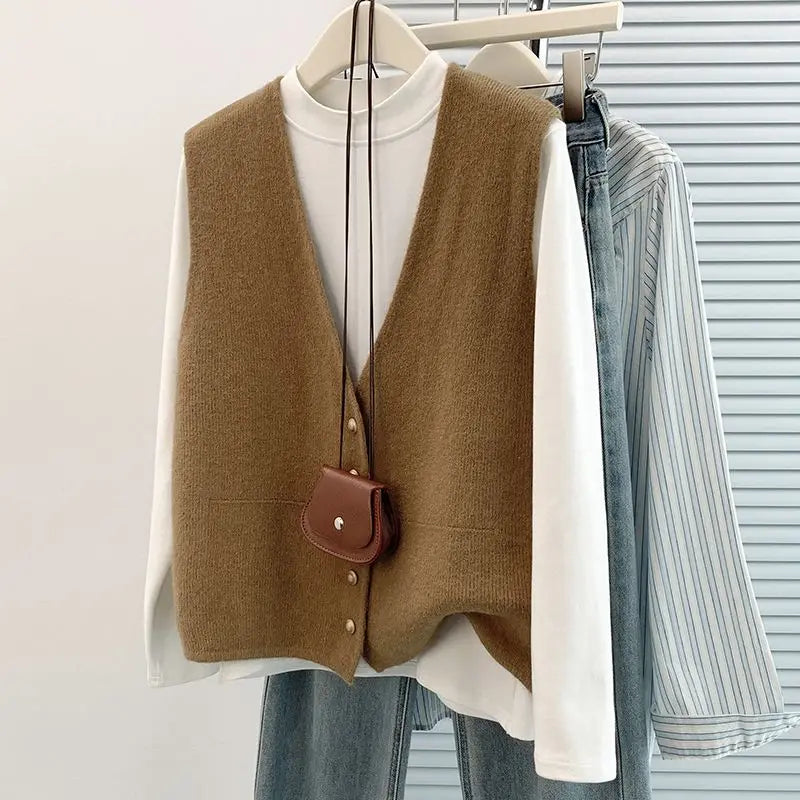 Women's Soft Knitted Vest Women Casual Button deep V-Neck Sleeveless Fall Cardigan stylish Simple Tank Tops Loose Knitwear Coats - Matrix Studios