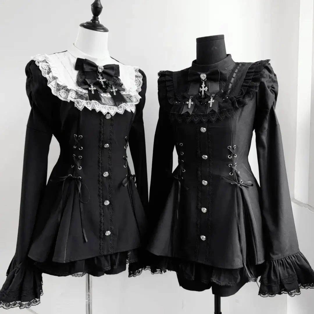 Y2k Aesthetic Lolita Style Bow Dress Shorts Set Japanese Women Gothic Lace Flare Sleeve Button Shirt Dress Punk Party Mini Dress - Matrix-studios.com