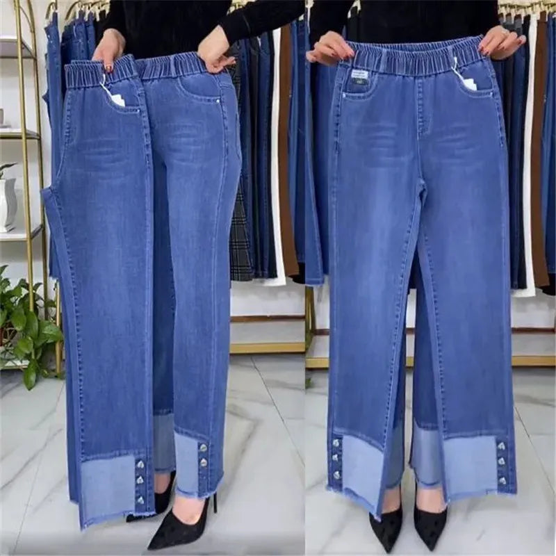 Middle-aged Women's Jeans Spring Autumn Stretch Waist Straight Denim Pants Large Size Loose High Waist Casual Black Blue Trouser - Matrix-studios.com